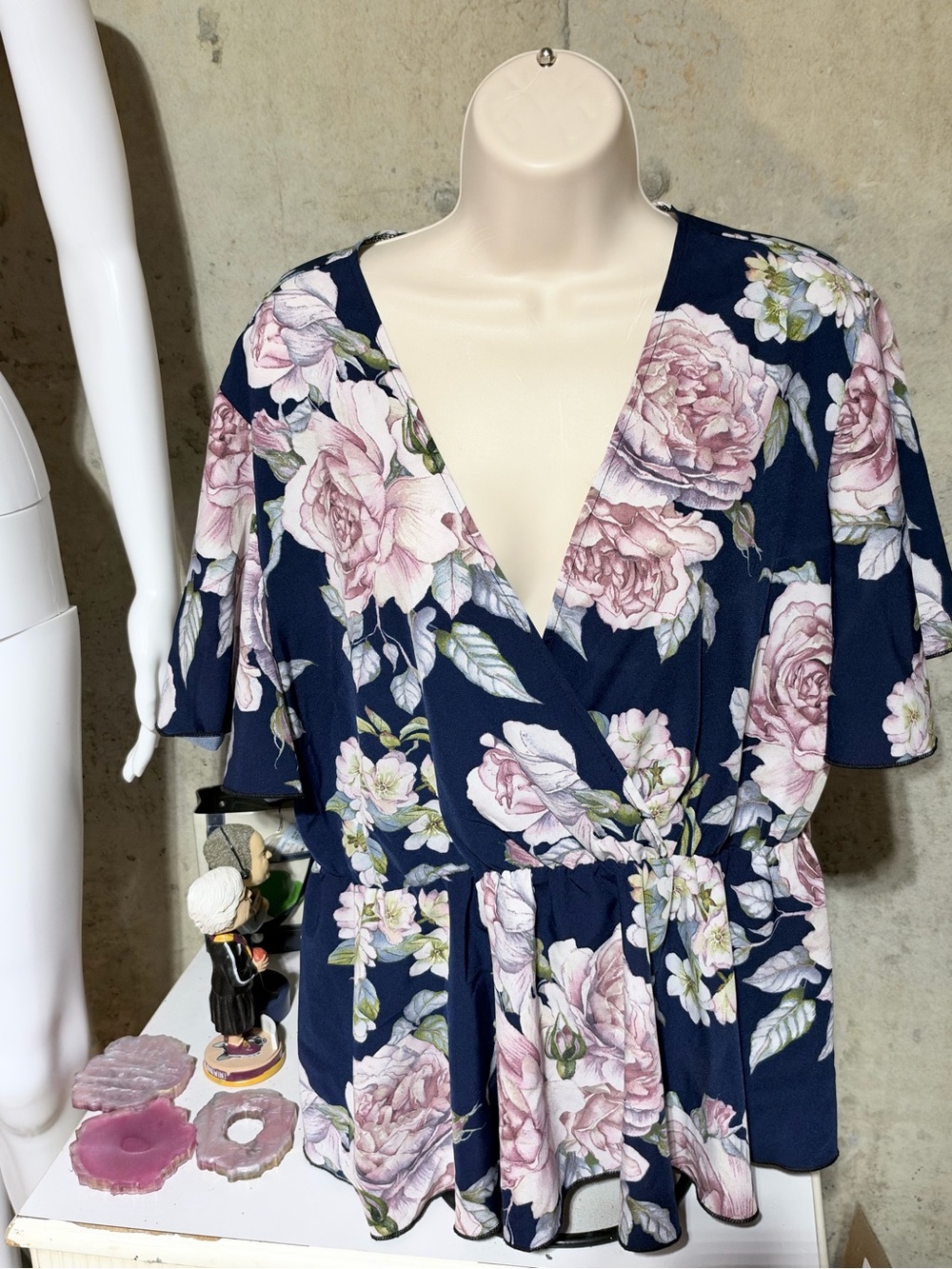 SHEIN Navy Floral Wrap Peplum Blouse with Pink Roses